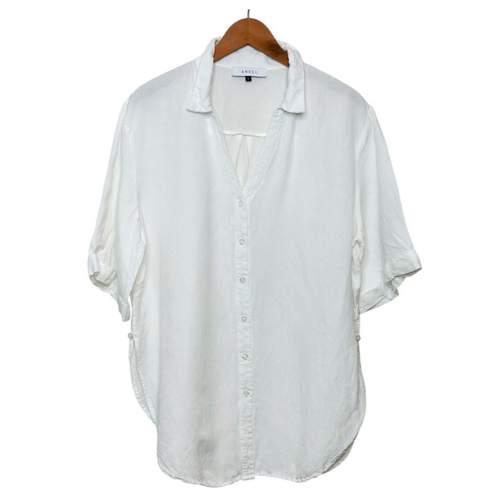 Angel White Button Down Tunic Shirt Size XL Relaxed Fit Collared Linen Blend